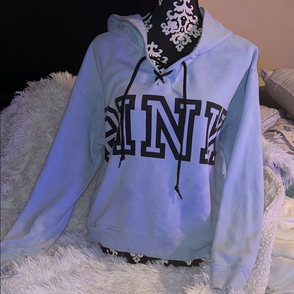 Rare Light Blue PINK Victoria's Secret Hoodie Sweatshirt cropped with pockets